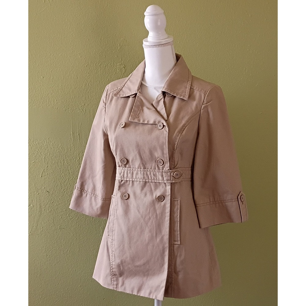 Classic Preppy Academia Tan Cotton Trench Y2K Early 2000s Jacket Womens S Small